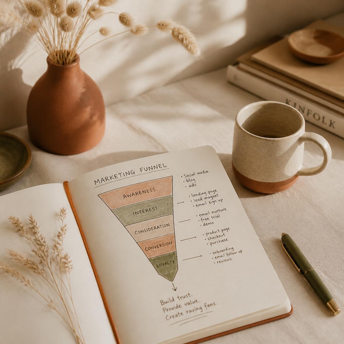 Notebook with a hand-drawn marketing funnel on a linen desk