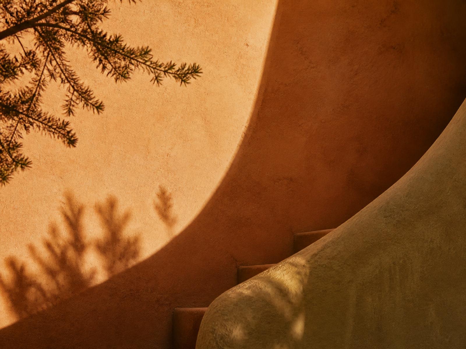 Warm sunlit clay walls with juniper shadows in the high desert